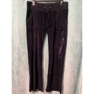 Ed Hardy Vintage Velour Flare Sweat Pants Black Pocket Script Logo Velvet